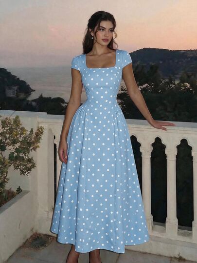 SHEIN MOD Apricot Black Polka Dot Square Neck Cap Sleeve Midi Dress