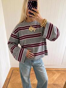 SHEIN EZwear 海外長袖草莓巧克力條紋上衣，秋季襯衫，適合日常通勤、派對、秋冬春夏、聖誕節、新年、感恩節、派對、婚禮、海灘、畢業典禮、優雅、外出、約會、通勤、情人節、優雅、度假、Y2K、畢業典禮等場合 - 彩色 - 查看 5