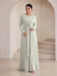 Graceveil French Style Cinched Waist Ribbon Knit Dress, Slimming Round Neck Vertical Striped Draped Floor-Length Dress - Grey - View 6