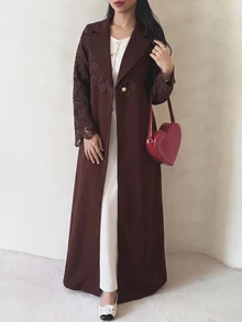 Al Najma 女款秋季復古蕾絲拼接西裝領長袖長版長袍，適合外出、日常穿著與通勤辦公 - 棕色 - 查看 5