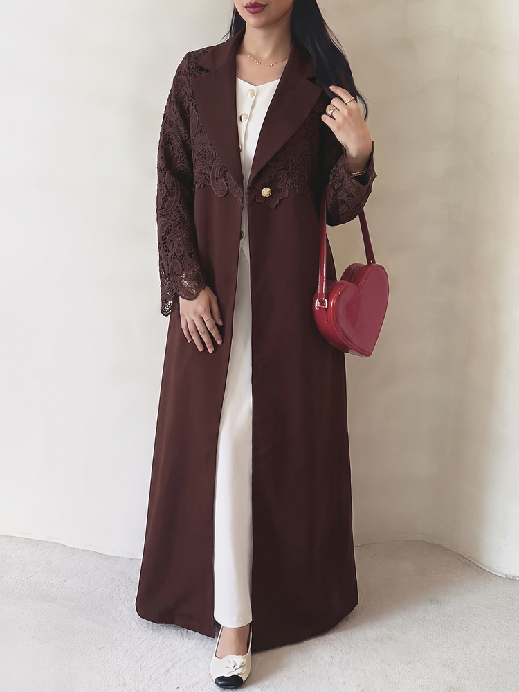 Al Najma Women's Autumn Vintage Lace Patchwork Blazer Collar Long Sleeve Long Abaya, Versatile For Outings, Daily Wear And Commuting Office - Brown - View 5