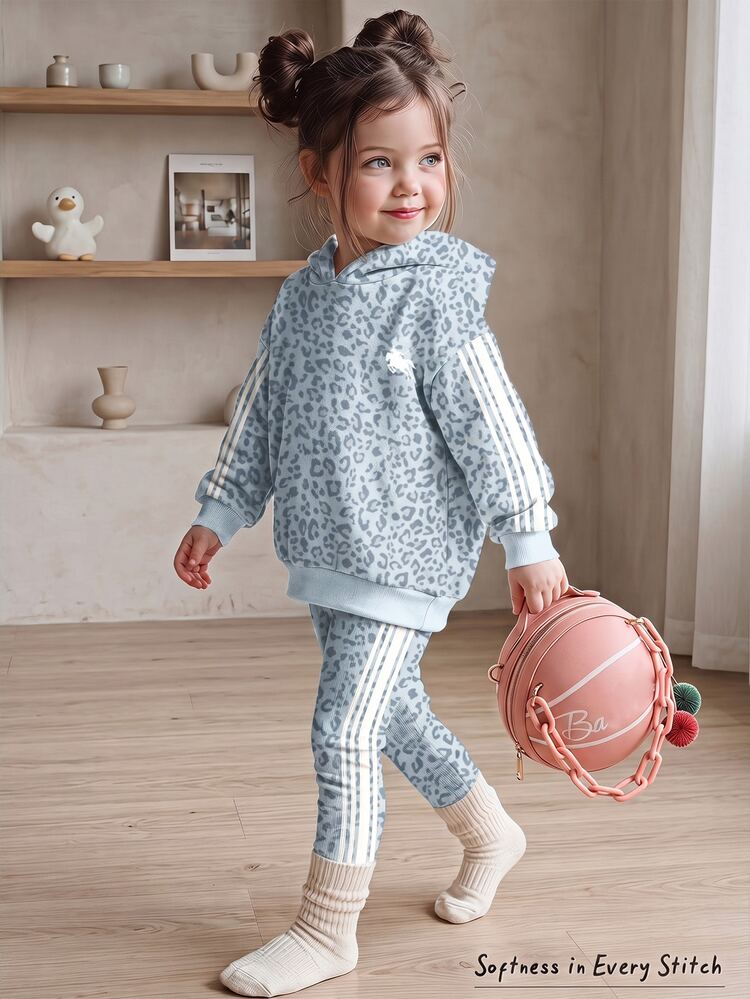 American Retro Sweet Light Blue Leopard Print & College Style Color Block Striped, Young Girl Casual Long Sleeve Hoodie & Leggings Two Pieces Set Suitable For Autumn/Winter, Korean Style, Easy And Comfortable, Fashionable Children's Clothing, Y2K, Kawaii, Party, Daily, Vacation, Cute, Comfortable, - Multicolor - View 1