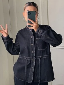 DAZY Women's Button Drawstring Pocket Button Denim Jacket - Dark Wash - View 3