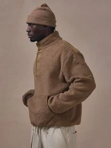 Musero Borg Funnel Neck Long Sleeve Top With Contrast Placket And Press Stud Fastening Autum Winter Essentials - Brown - View 3