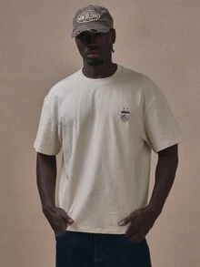 Musero Oversized Drop Shoulder Badge Graphic Tshirt Autum Winter Essentials - Apricot - View 2