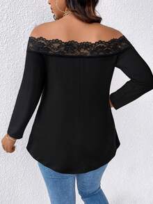 EMERY ROSE Plus Size Women's Elegant Sexy Casual Minimalist Commute Versatile Slimming Daily Lace Trim Patchwork Off-Shoulder Design Long Sleeve T-Shirt Fall - Black - View 2