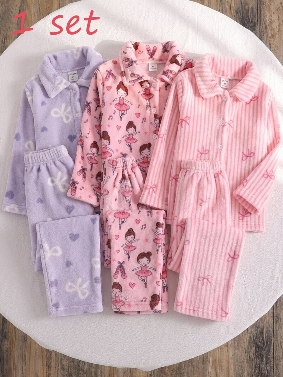 Girls Pink Fleece Bow & Heart Pattern Lapel Front Button Long Sleeve Pants Pajama Set - Multicolor - View 1