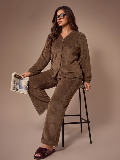 Lazeform Casual Plush Thickened Brown Cardigan Soft Skin-Friendly Pajama Set Plus Size Women
