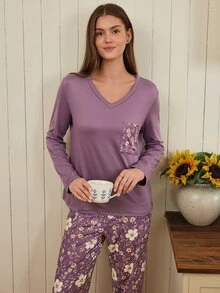 Doze Lane Comfortable V-Neck Printed Pocket Long Sleeve Pajama Set, Casual Home 2 Pieces Set - Purple - View 6