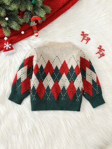 SHEIN 男女嬰兒/幼兒秋冬保暖內裡加厚可愛菱格紋聖誕毛衣，嬰兒聖誕毛衣 - 綠色 - 查看 2