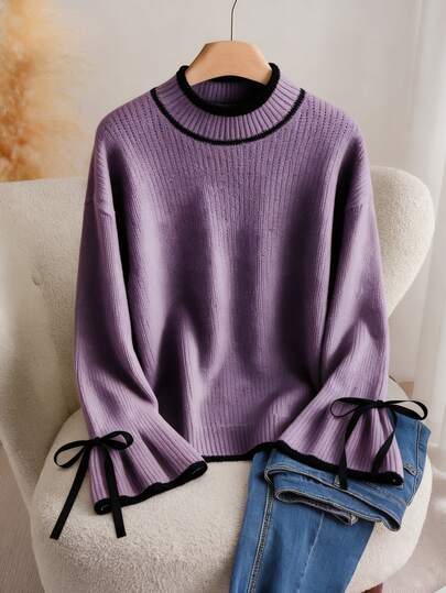 Franclia Plus Size Women's Knitted Pullover Sweater,Elegant Black And White Flare Sleeve Bow Decor Tops For Autumn School Back-To-School Fashion Jumper Fall