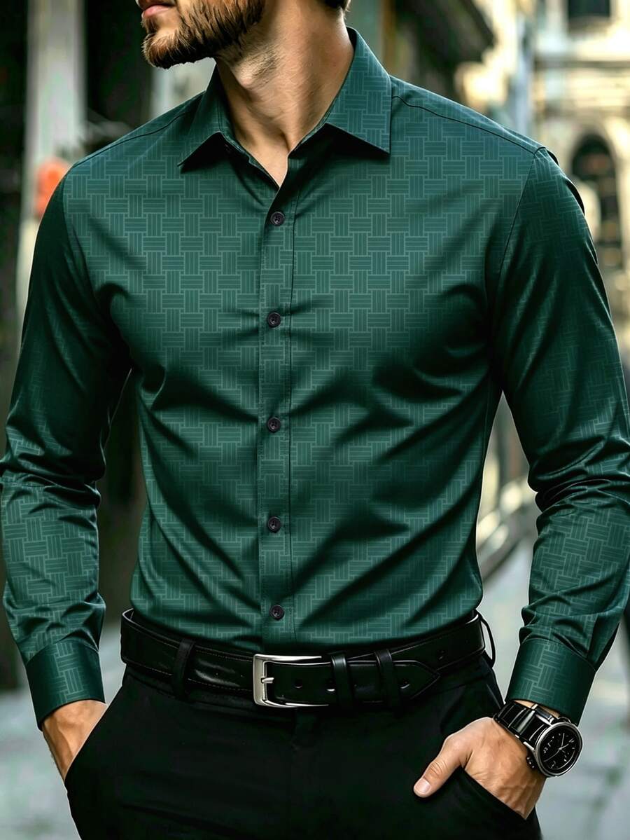 Manfinity CasualCool 男士純色簡約鈕扣長袖襯衫-輕鬆優雅風格,送給丈夫的完美禮物,適合 - 墨綠色 - 查看 1
