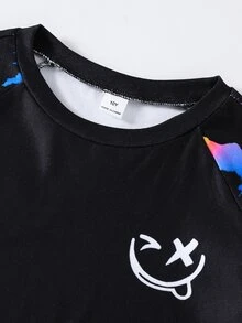 SHEIN 青少年男孩微笑臉印花長袖上衣與長褲休閒日常居家睡衣套裝 - 彩色 - 查看 6