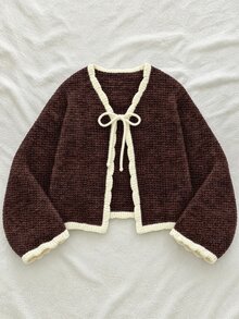 INAWLY Women's Thick Textured Short Knit Cardigan, Contrast Color Ruffle Bowknot Long Sleeve Loose Short Sweater Jacket - Coffee Brown - View 1