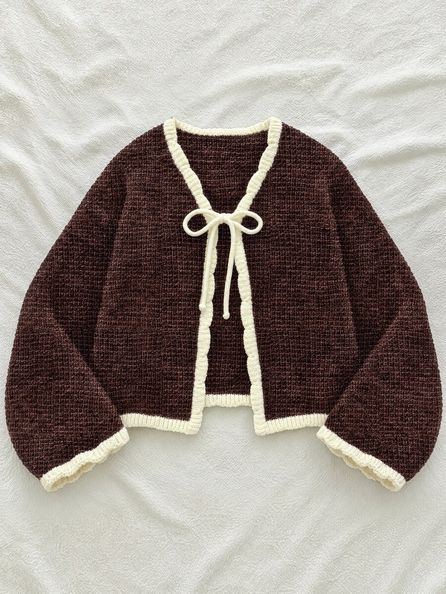 INAWLY Women's Thick Textured Short Knit Cardigan, Contrast Color Ruffle Bowknot Long Sleeve Loose Short Sweater Jacket - Coffee Brown - View 1