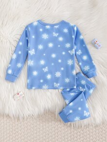 SHEIN 女嬰貼身睡衣套裝，柔軟針織雪花公主圖案，圓領長袖套頭上衣與長褲，2件組，本產品需在紫外線光下發光 - 彩色 - 查看 3