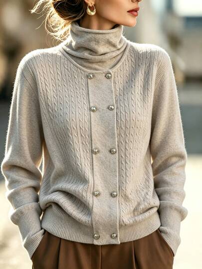Penseblé Women's Long Sleeve Double-Breasted Cable Knit Casual 2 In 1 Sweater