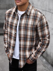 Manfinity CasualCool 男士格紋長袖單排扣休閒街頭風襯衫，感恩節度假外出秋季穿搭 - 彩色 - 查看 1