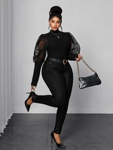 Maweii Plus Size Black Fashion Casual Slim Fit Elegant Long Sleeve T-Shirt - Black - View 6