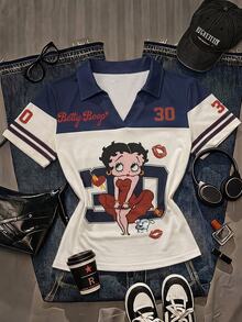 Attitoon Betty Boop x SHEIN Women's Cartoon Pattern Casual Daily Short Sleeve T-Shirt - Multicolor - View 1