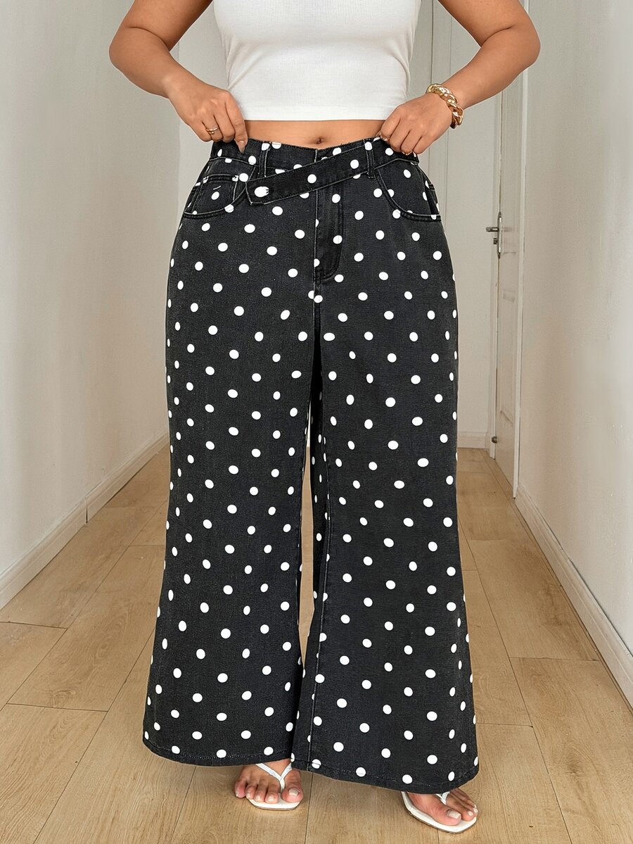 Slaydiva Festival Plus Size Women's White Non-Stretch Polka Dot Slim Straight Leg Jeans - Black - View 1