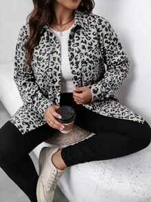 SHEIN LUNE 大尺碼女款豹紋長袖單排扣休閒工裝口袋夾克外套 秋季 - 彩色 - 查看 1