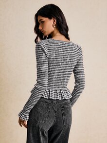 Poéselle 女款秋冬新款棉混紡黑白格紋抓皺彈性襯衫，休閒復古優雅街頭風，適合辦公室日常約會通勤上衣 - 黑色 - 查看 2