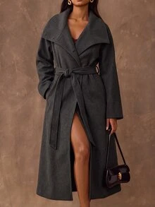 SHEIN BAE Elegant Fashion Button Pocket Long Sleeve Overcoat For Commute - Black - View 6