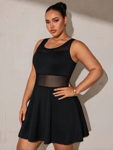 SHEIN Velisys Plus Size Athletic One-Piece Dress With Mesh Patchwork, Removable Padded Cups, Sexy Mesh Racerback, Wavy Hemline, Built-In Leggings, Yoga Tennis Style - Black - View 6