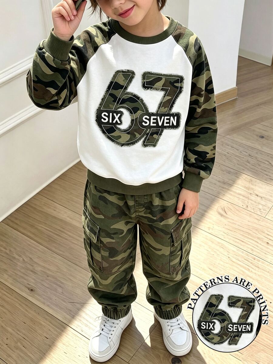 2件組小男孩圓領衛衣上衣與迷彩工裝褲套裝,數位67迷彩印花服飾,長袖街頭風,適合假期派對,舒適休閒,春夏秋季穿著,柔軟易穿,男孩時尚休閒穿搭首選 - 軍綠色 - 查看 1