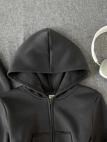 SHEIN 兒童青少年女孩秋冬休閒復古時尚抓絨內裡加厚連帽衛衣套裝，寬鬆連帽拉鍊衛衣配貼袋與對比抽繩腰寬腿直筒運動長褲，2件式運動衛衣套裝，深灰色 - 深灰色 - 查看 3