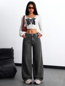 SHEIN ICON 大尺碼女款休閒度假風棕色無彈力牛仔直筒長褲 - 深灰色 - 查看 6