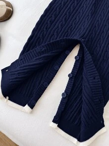 SHEIN رومبير كنزة صوفية محبوكة بألوان متباينة وياقة وأزرار نصفية كاجوال للخريف للأطفال الذكور - متعدد الألوان - مشاهدة 8
