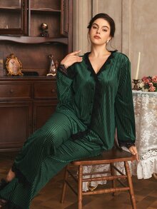 Côtesoire Plus Size Women's French Elegant Glossy Velvet & Lace Long Sleeve Pajama Set With Pants - Dark Green - View 6