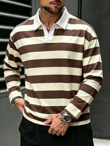Manfinity Dauomo Casual Men's Striped Long Sleeve Commuter Polo Shirt - Brown - View 3