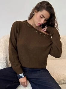 Aloruh 女款不對稱露肩復古性感鉚釘裝飾寬鬆針織套頭毛衣，黑色，秋季時尚夜店穿搭長袖上衣 - 棕色 - 查看 5