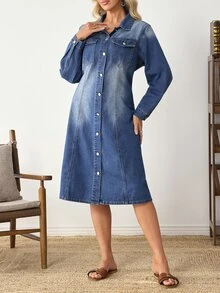 Selenza Plus Size Women's Long Sleeve Single-Breasted Casual Denim Dress - Blue - View 4