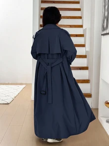 Solflare Plus Size Women's Solid Color Double-Breasted Long Sleeve Casual Trench Coat Jacket, Spring/Autumn - Navy Blue - View 2