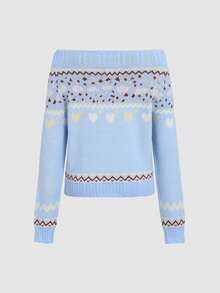 Sweetra Fair Isle Jacquard Off-Shoulder Long Sleeve Fashion Sweater - Multicolor - View 2