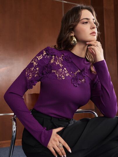 Anewsta Top texturé à manches longues avec dentelle florale 3D romantique et élégant pour femmes, convient pour les fêtes, les rendez-vous, les trajets, les vacances, Noël