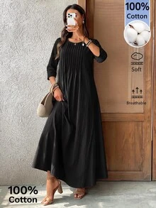 EMERY ROSE Women's Solid Color Round Neck Pleated Design Casual Boho Loose Long Dress Vacation Black Fall Vacation Vacation - Black - View 7