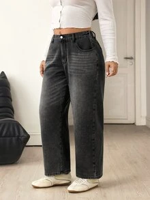 Flexra Plus Size Women's Straight Leg Loose Casual Versatile Denim Jeans With Pockets - Black - View 3