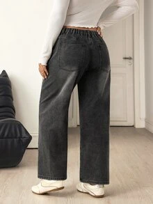 Flexra Plus Size Women's Straight Leg Loose Casual Versatile Denim Jeans With Pockets - Black - View 2