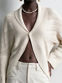 Aalyst Women's French Lazy Relaxed Style V-Neck Lapel Long Sleeve Knit Cardigan, Fashion Street Versatile Open Front Top, Autumn/Winter - Apricot - View 6