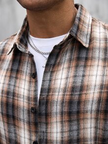 Manfinity CasualCool 男士格紋長袖單排扣休閒街頭風襯衫，感恩節度假外出秋季穿搭 - 彩色 - 查看 7