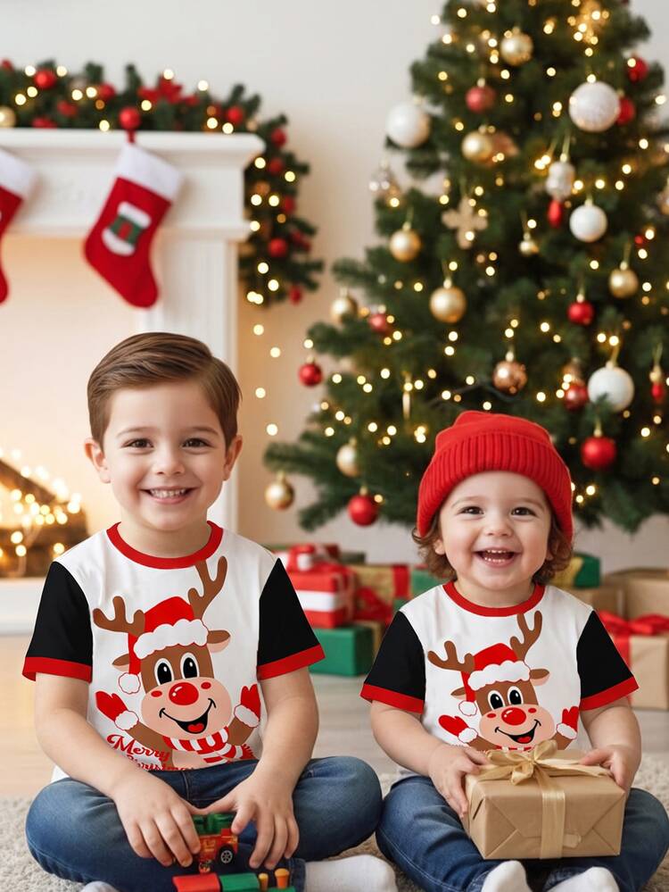 Young Boy Short Sleeve T-Shirt Casual Minimalist Suitable For Summer, Classic Santa Claus Pattern, Christmas Reindeer, Christmas Gift, Christmas Candy, Christmas Hat, Christmas Gingerbread Man, Christmas Tree, Christmas House, Christmas Sock Pattern Print, Suitable For Christmas, Suitable For Autumn/Winter - Multicolor - View 6