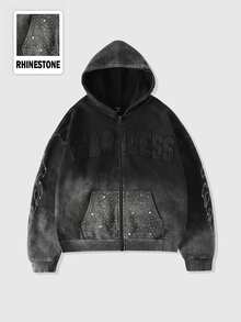 ROMWE MEN Street Life Men's Washed Distressed Rhinestone Applique Embroidered Text Plus Size Zip-Up Hoodie - Black - View 1
