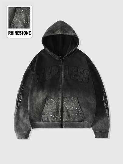 ROMWE MEN Street Life Men's Washed Distressed Rhinestone Applique Embroidered Text Plus Size Zip-Up Hoodie