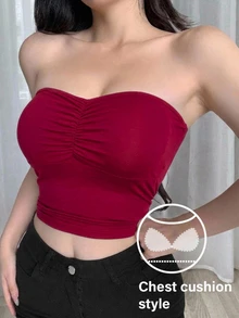 DAZY Top Bandeau Fruncido con Relleno Incorporado - Burdeos - Ver 3