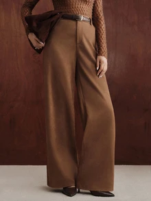 Anewsta American Retro High Waist Faux Suede Straight Leg Wide Leg Pants, Soft Velvet Drape Versatile Casual Long Pants For Autumn/Winter - Mocha Brown - View 3